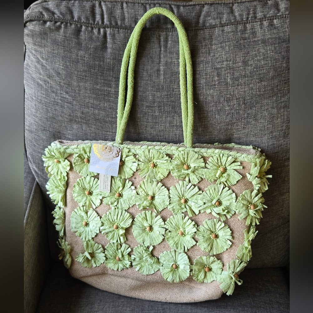 Floral Appliqué Straw Tote Bag Handcrafted In India